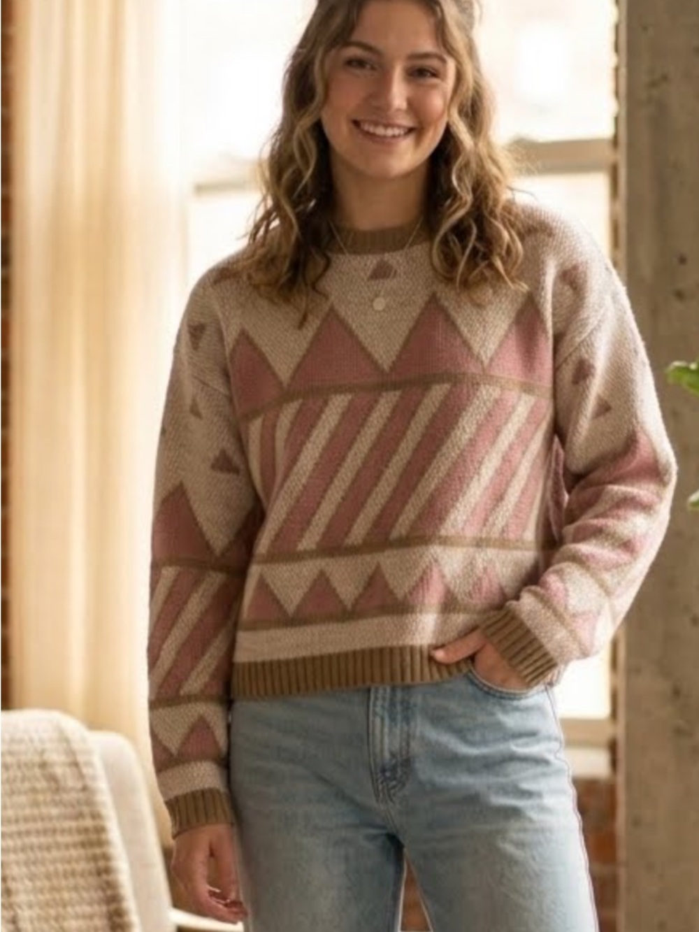 Women’s Pink Geometric Knit Sweater